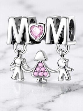 Sterling Silver 'MOM' Charm Bracelet with Family Dangles - Silver